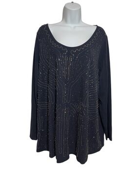Soft Surroundings Navy Beaded Formal Long-Sleeve Scoop Neck Top Size 1X Night